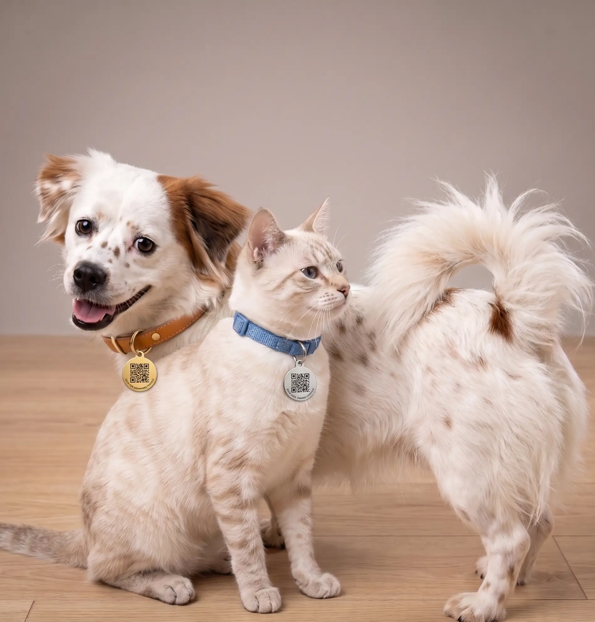 A dog and a cat wearing Pawdex QR collar tags — the digital pet passport for Filipino dogs and cats